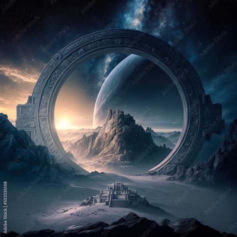 Sci Fi Fantasy Landscape Stargate Portal With The Moon Fictitious