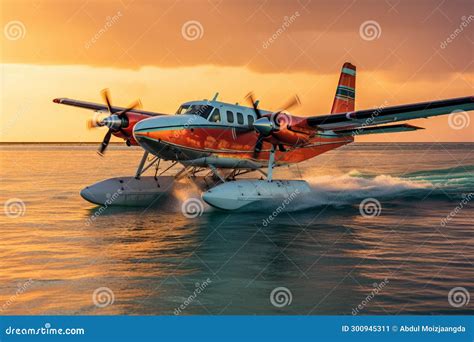 Exotic Travel Seaplane Over Maldives Sea at Sunset, Luxury Concept ...