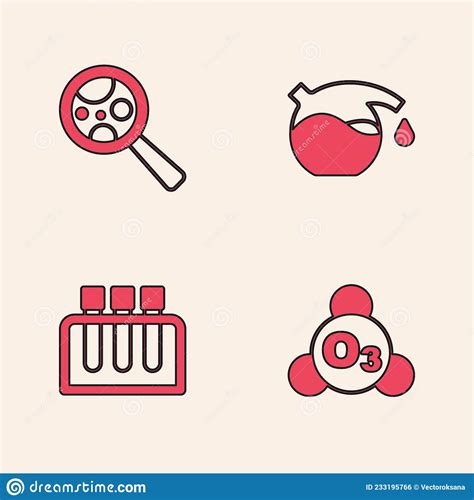 Set Ozone Microorganisms Under Magnifier Test Tube And Icon Vector