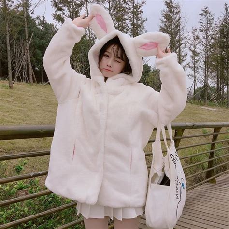 White Fluffy Bunny Winter Coat Kw1711462 Kawaii Fashion Outfits