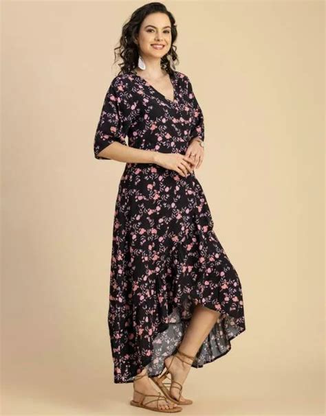 Buy Moomaya V Neck Rayon 3 4 Sleeve Wrap Dress Regular Fit Stylish Wrap Dress Online At Best