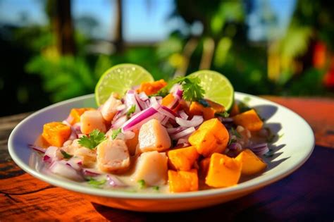 Premium Photo | Closeup of traditional peruvian ceviche with sweet potato