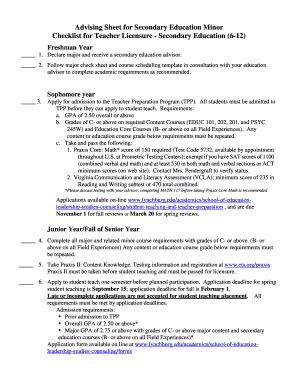 Fillable Online Lynchburg Advising Sheet For Secondary Education Minor