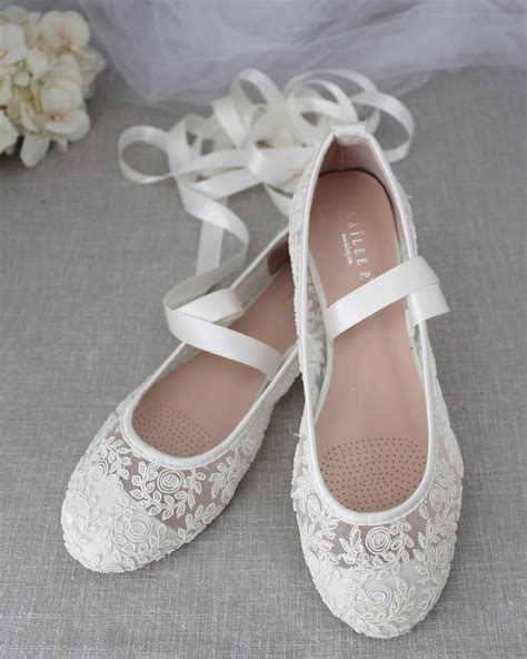 Ivory Lace Round Toe Flats With Ballerina Lace Up Women Etsy