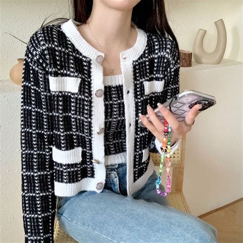 Harajuku Plaid Knit Cardigan Button Long Sleeve Cardigan Match