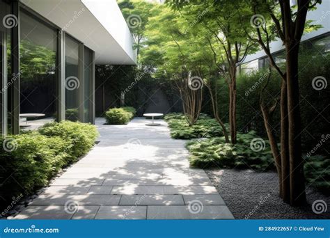 A Walkway Between Two Buildings With Trees Stock Illustration