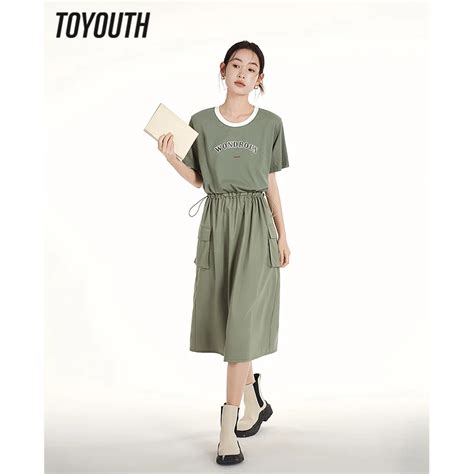 Toyouth Women Dress 2023 Summer Short Sleeve Round Neck Drawstring