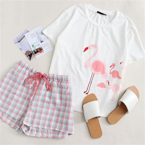 SHEIN Flamingo Print Cami Plaid Shorts PJ Set Cute Casual Outfits