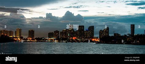 Miami skyline at night - panoramic image. Miami night Stock Photo - Alamy