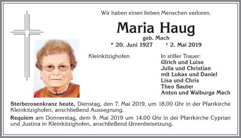 Traueranzeigen Von Maria Haug Allg Uer Zeitung