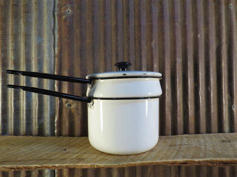 Vintage Enamelware Double Boiler Pans White With Black Trim Etsy