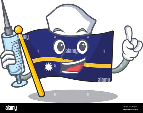 Hospitable Cute Nurse Flag Nauru Scroll Cartoon Style Holding Syringe