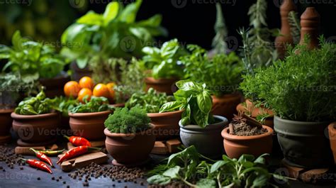 Ai Generated A Vibrant Array Of Fresh Herbs And Spices In Small Clay