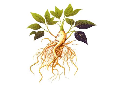 Raiz de ginseng e folhas em fundo branco isolado panax ilustração