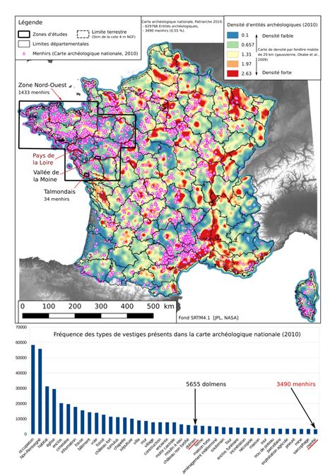 Carte archéologique des menhirs en France et densité dentités