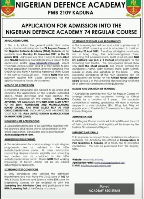 Nigerian Defense Academy Nda Commences Application Registration Form