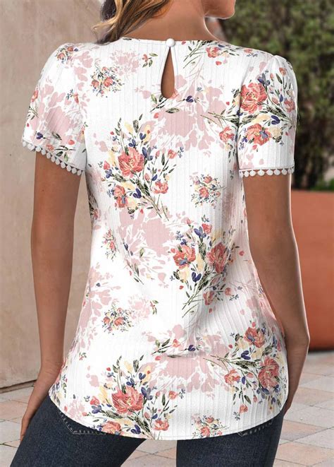 Floral Print Textured Fabric Light Pink Short Sleeve Blouse Rosewe