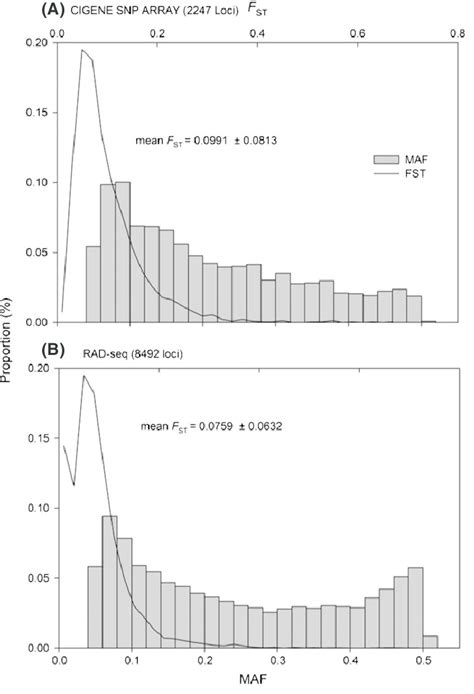 Frequency Distributions Of Minor Allele Frequency Maf And F St Values