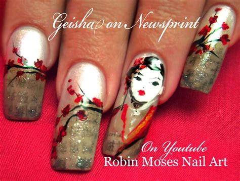 Nail Art Japanese Geisha Newspaper Nails Cherry Blossom Nail Design