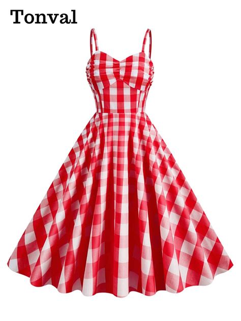 Tonval Vintage Gingham Long Dress Spaghetti Strap Ruched Front High Waist Women Summer Birthday