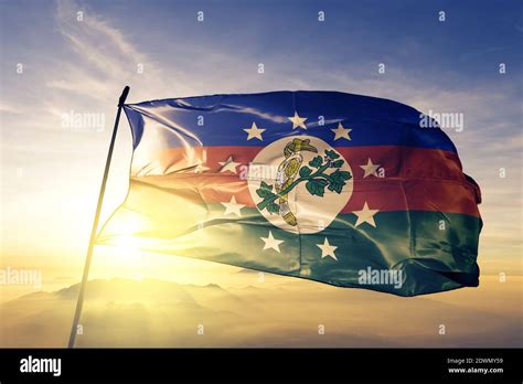 Chin State Flag Waving On The Top Sunrise Mist Fog Stock Photo Alamy