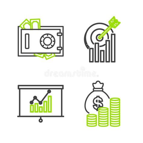 Set Line Money Bag And Coin Board With Graph Chart Target And Safe