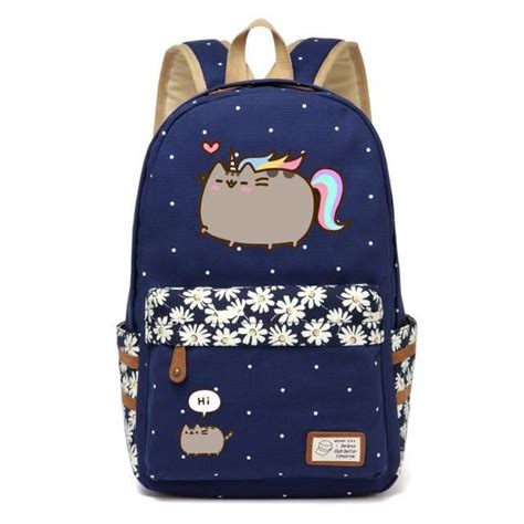 Pusheen Cat Canvas Bag Unicorn Flower Wave Point Rucksacks Backpack For