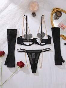 Midnightglam Pcs Women Solid Color Patchwork Hollow Out Casual Sexy Lingerie Sets Lingerie Set