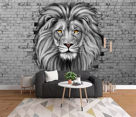 3d Lion King Self Adhesive Wall Mural Gray Brick Removable Etsy