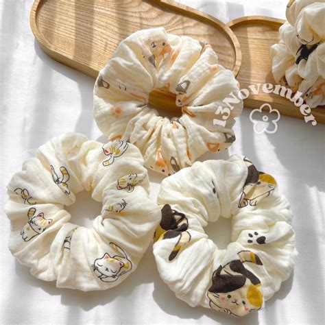 SIÊU TO Scrunchies Cột Tóc Vải Xô Muslin Hoạ Tiết Mèo Size Lớn Xinh Xắn Dễ Thương Phồng To Hot