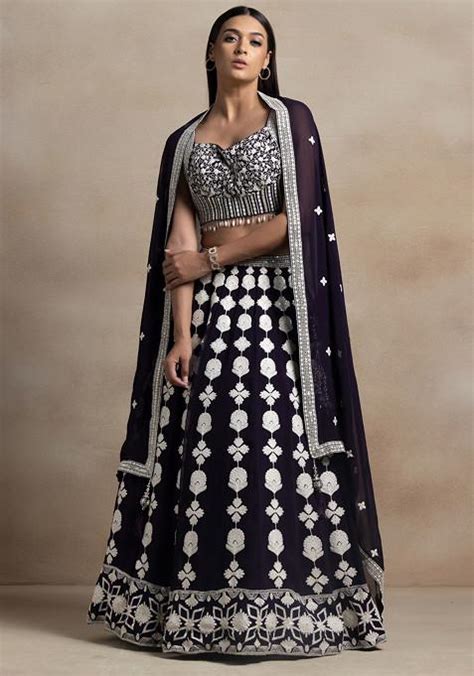 Buy Women Navy Blue Floral Thread Sequin Embroidered Lehenga Set With