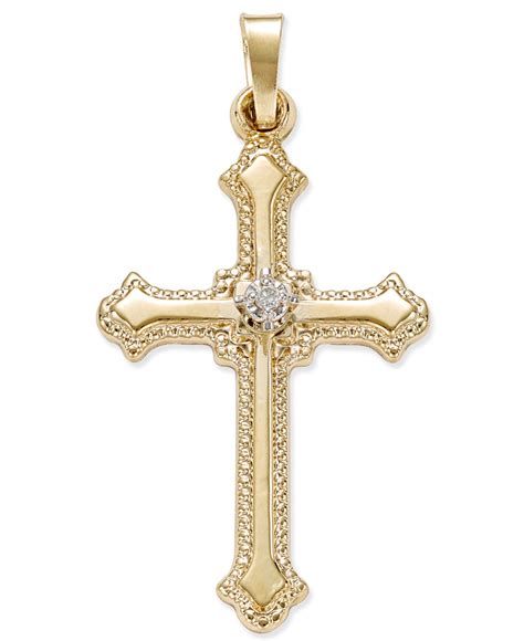 Macy's Diamond Accent Beaded-edge Cross Pendant In 14k Gold in Metallic | Lyst