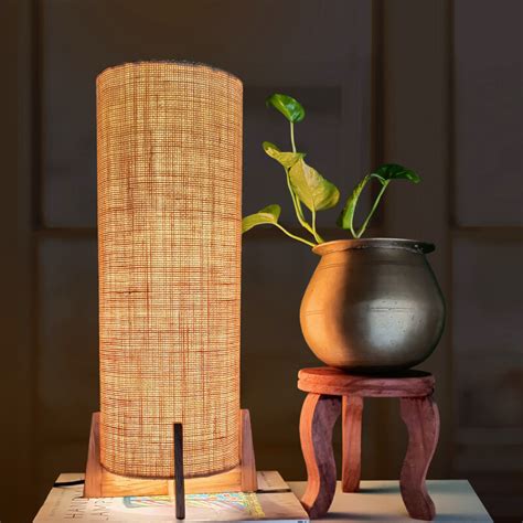 Side Table Lamp For Bedroom Wooden Base Jute Lampshade