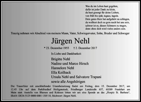 Traueranzeigen Von J Rgen Nehl Trauer Rheinmain De