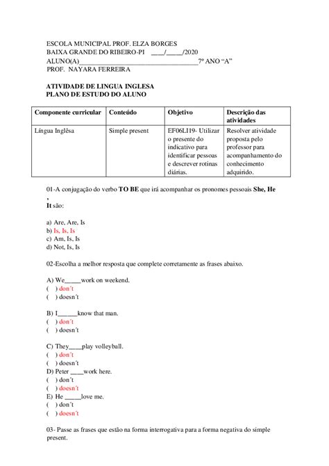 Exercícios Simple Present Pdf Gabarito FDPLEARN