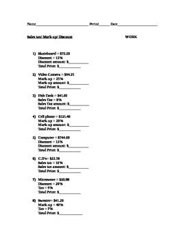 Sales Tax Worksheet With Mark Up And Discount Worksheets Library