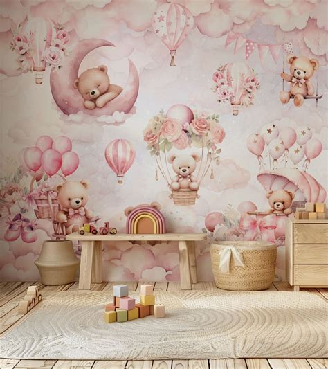 Hot Air Balloon Nursery Wallpaper Cute Pink Teddy Bear On The Moon Wall Mural Floral Wall Art