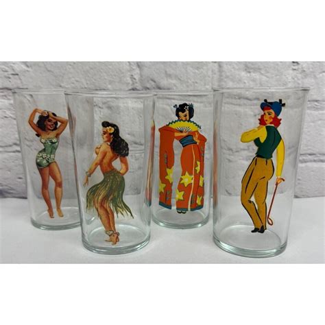 Vintage Pinup Girl Peek A Boo Nude Risque Novelty Drinking Glasses Set Of Etsy