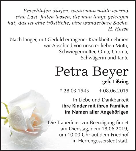 Traueranzeigen Von Petra Beyer Abschied Nehmen De