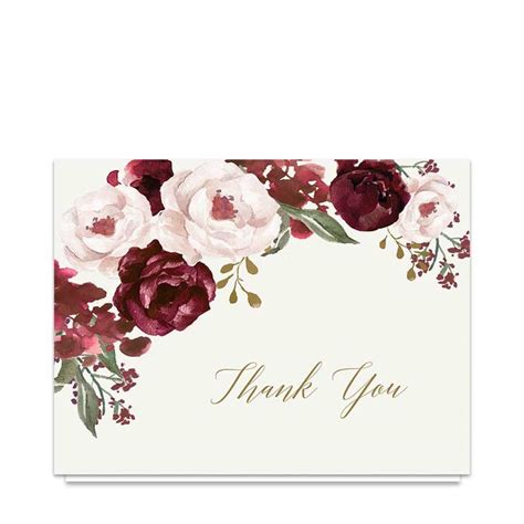 Wedding Thank You Cards Burgundy Gold Watercolor Floral Wedding Thank