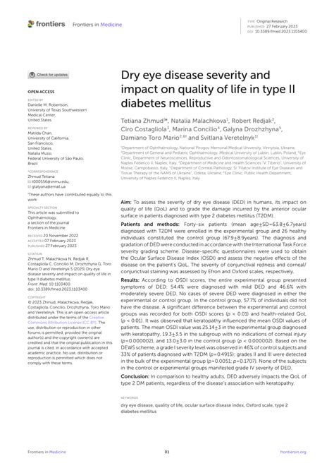 Pdf Dry Eye Disease Severity And Impact On Quality Of Life In Type Ii Diabetes Mellitus