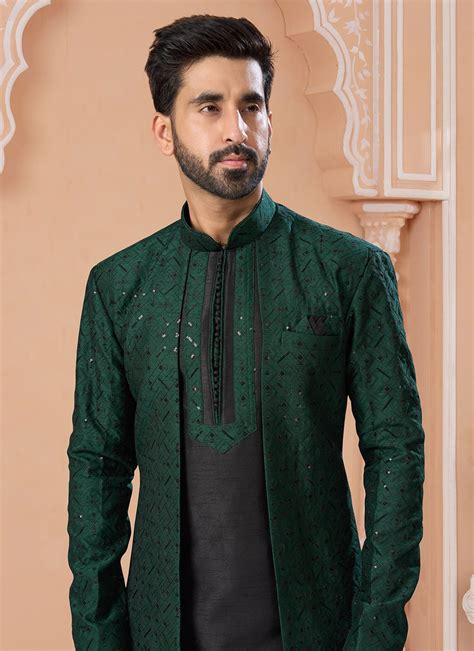 Buy Banglori Silk Indo Western Sherwani In Black And Green Online