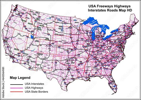 Detailed Highways Freeways Interstates Roads Map of USA America with ...