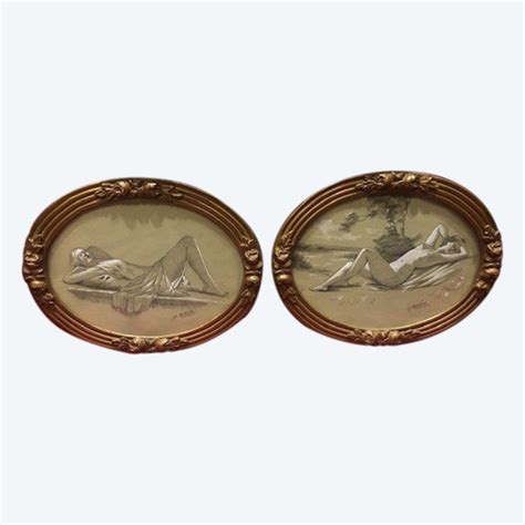 Pair Of Charcoal Pencil Nude Female Paintings Antikeo