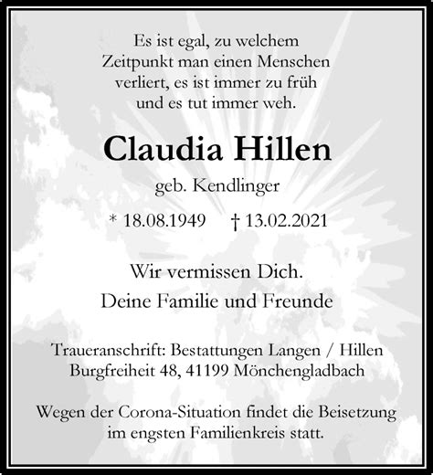 Traueranzeigen Von Claudia Hillen Trauer Und Gedenken