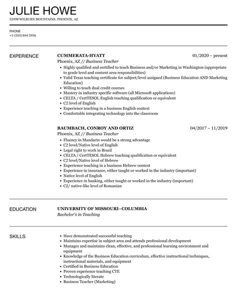 Business Teacher Resume Samples Velvet Jobs