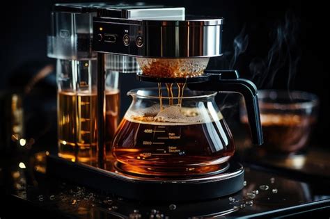 Premium AI Image A Drip Coffee Machine Diligently Drips Hot Water Over A Filter Filled Ai