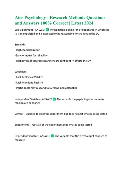 Aice Psychology Research Methods Questions And Answers 100 Correct