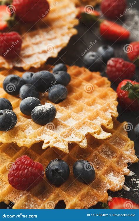 Round Belgium Waffles With Berries Stock Photo Image Of Blackberry