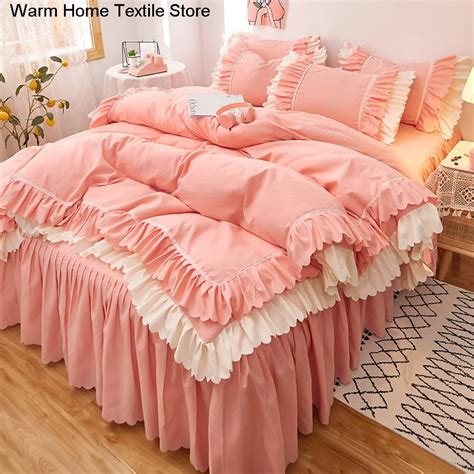 Pink Lace Ruffle Bedding Set Luxo Cama Saia Folha Colcha Capa De Edred